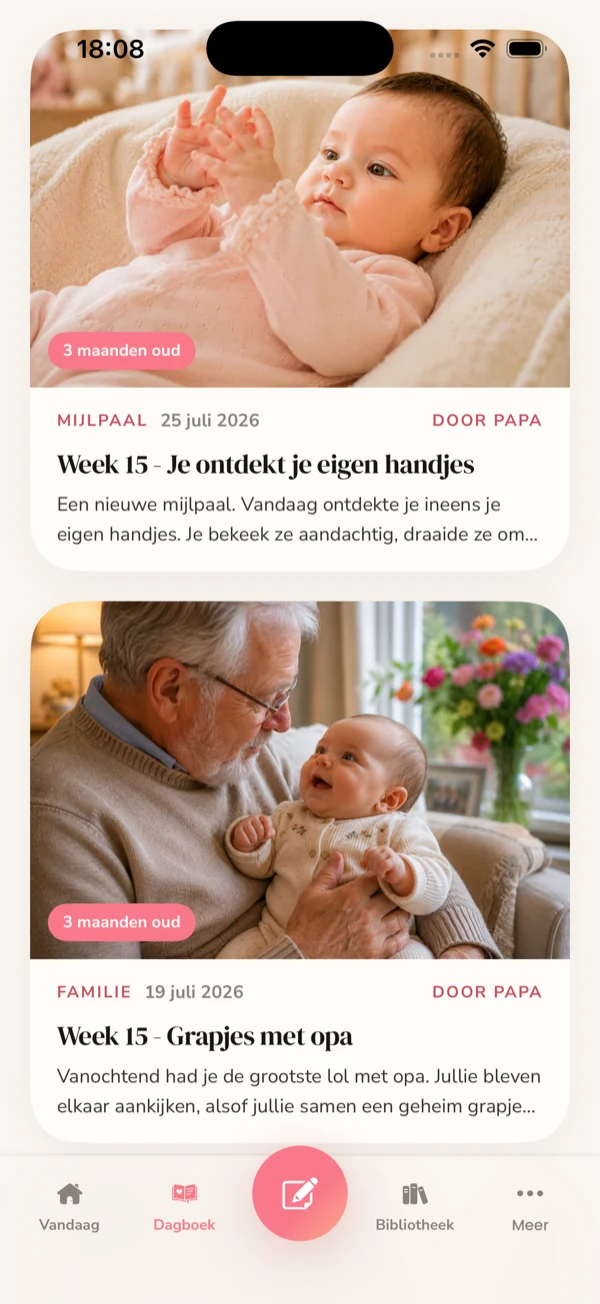 Het dagboek met grote foto's per moment, elk met categorie, datum en wie het schreef